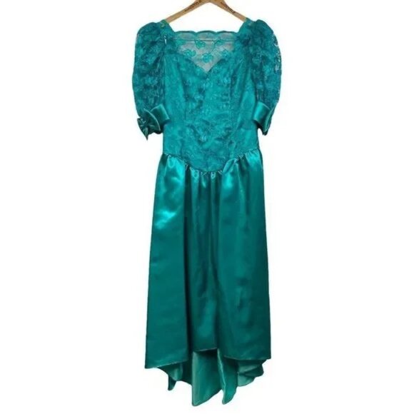 VINTAGE 80'S ILGWU UNION MADE WORKERS UNION TEAL/TURQUOISE FORMAL BOW DRESS 9 - Picture 1 of 16